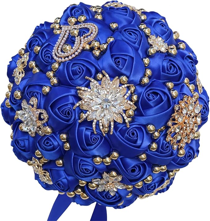 Bridal Wedding Bouquet for Bride Bridesmaid Wedding Quinceanera Throw Toss Artificial Rose Flower Bunch with Bling Brooch (07G#Sapphire, Large (Dia. 9.8"/24cm))