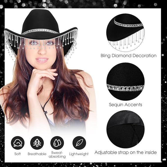 Hercicy 6 Pack Western Cowboy Hats with Rhinestone Tassel Bands Sequin Trim Sparkly Cowgirl Party Hats for Adults Women Men