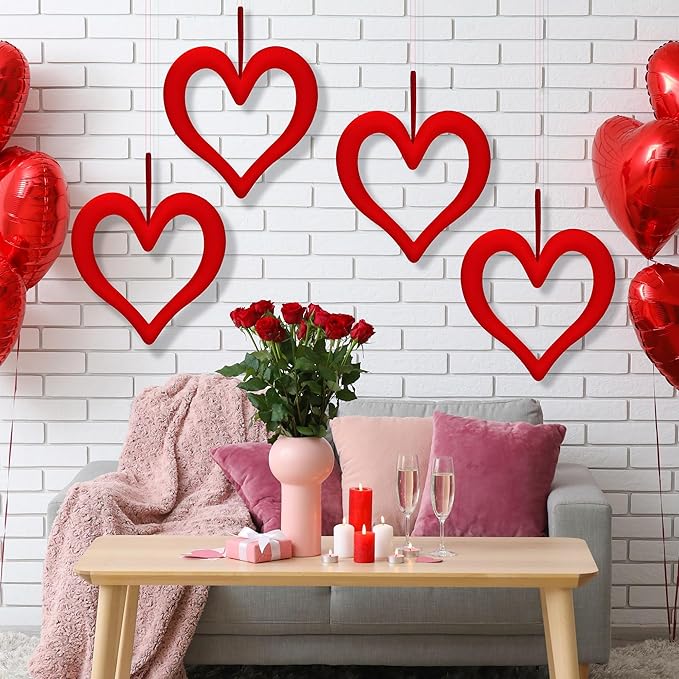 Aneco 6 Pieces Valentine‘s Day 3D Velvet Heart Hanging Ornament 9.45 Inch Foam Heart Wreaths for Valentine‘s Day Wedding Anniversary Front Door Home Decor, Red