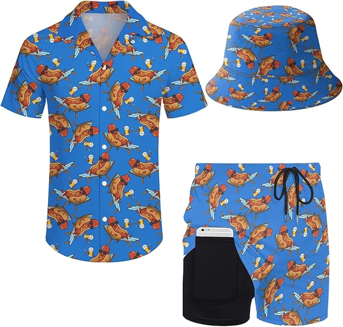 Men's Hawaiian Shirt and Shorts Set 2 Piece Beach Outfits with Bucket Hats for Beach Days and Summer Vibes