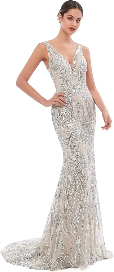 Women's Double V-Neck Sequins Lace-up Mermaid Evening Dress