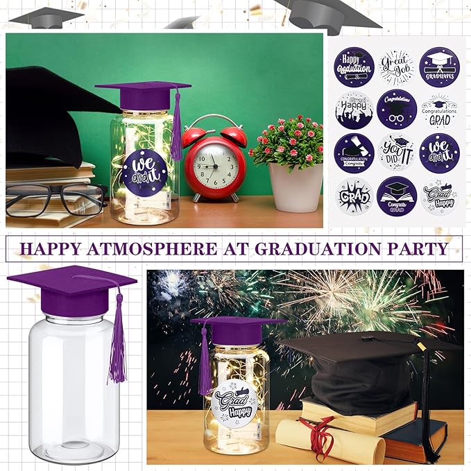 Boao 16 Sets Graduation Table Decoration Set with LED Light up Graduation Decorations for Class of 2026, Grad Jar, Felt Grad Hat and Stickers for High School College(Purple)
