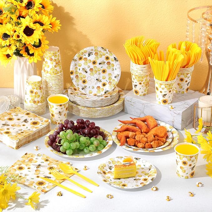 Pickmesh 400 Pcs Bee Sunflower Birthday Party Supplies Include Spring Summer Bee Disposable Paper Plates Napkins Cups Cutlery for Honey Bumble Birthday Baby Shower Party Supplies Serve 50