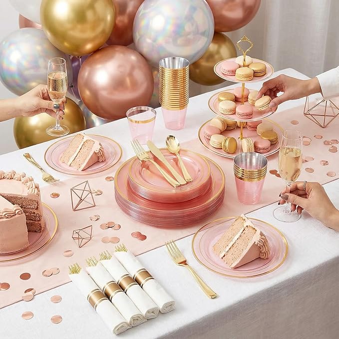WELLIFE 350Pcs Clear-Pink Plastic Dinnerware- Pink and Gold Plastic Dinnerware include 50 Dinner Plates, 50 Dessert Plates, 150 Gold Silverware, 50 Cups and 50 Napkins Perfect for Parties