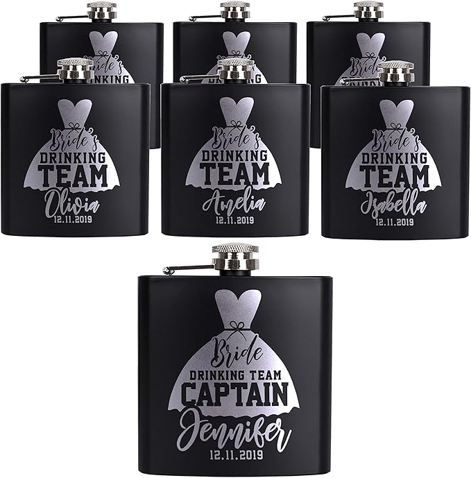 Set of 7 - Bridesmaid Gifts for Wedding, Personalized Bridesmaid Flasks w/Optional Gift Box, Bachelorette Party, Bridal Shower Gifts, Custom Engraved Hip Flasks for Maid of Honor Bridesmaid Proposal
