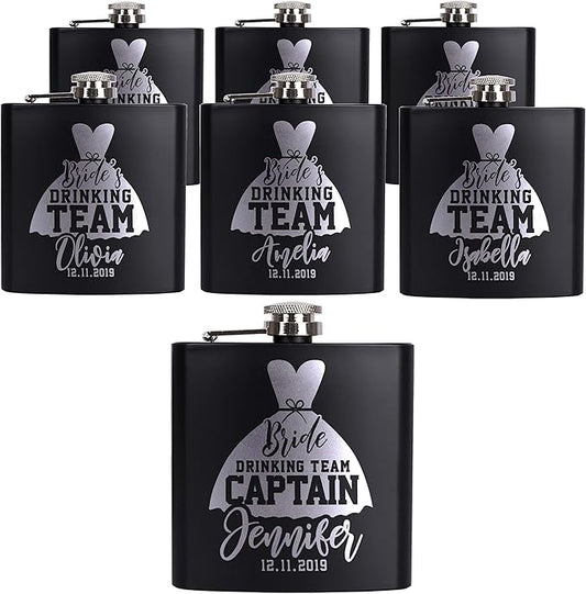 Set of 7 - Bridesmaid Gifts for Wedding, Personalized Bridesmaid Flasks w/Optional Gift Box, Bachelorette Party, Bridal Shower Gifts, Custom Engraved Hip Flasks for Maid of Honor Bridesmaid Proposal