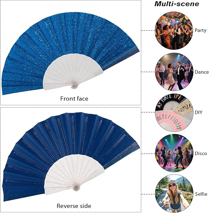 48 Pack Handheld Fan,Folding Hand Glitter fan with Shining Transparent Fan Rib – Ideal for Wedding, Church, Festival, Dance, Tea Party, Club, and EDM Accessories, Royal blue