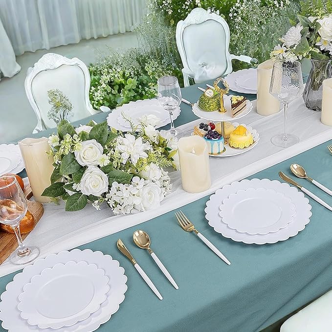 supernal 100pcs White Plastic Plates Disposable for Wedding,Plastic Plates For Party Includes 50pcs Dinner and Dessert Plate.Scalloped Plastic Platefor Valentine's Day Mother's Day and Easter