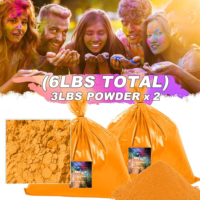 ARELUX Bright Orange Color Powder - 6lbs Bulk (2x3lb) for Color Wars, Powder War & Fun Events | Durable Individual Packets, Vibrant Holi Powder for Gender Reveal, Run, Rangoli, Parties | Non-Toxic