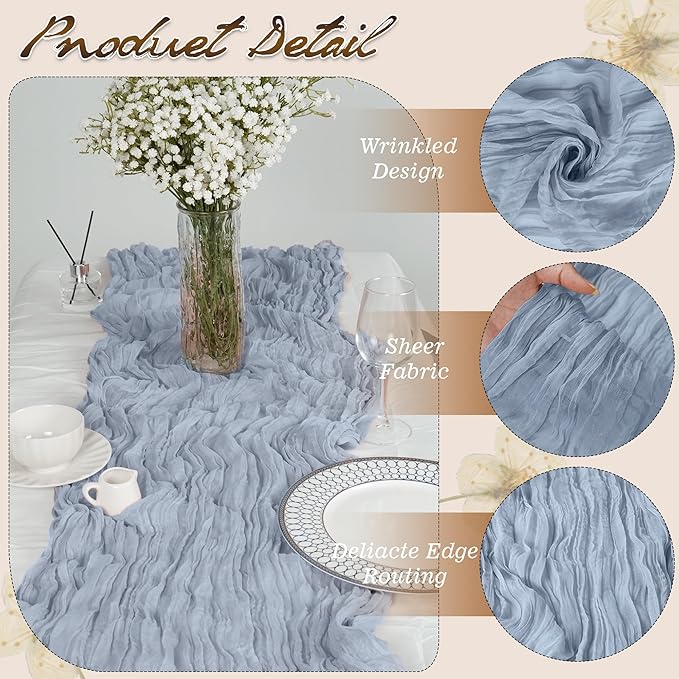 16 Pack 10Ft Cheesecloth Table Runners – Boho Gauze Vintage Table Decor, 120 Inch Long Rustic Cheese Cloth Runner for Wedding, Bridal Shower, Birthday, Romantic Party (Dusty Blue, 24" x 120"-16Packs)