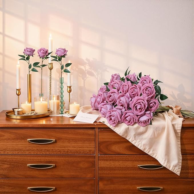 50 PCS Dusty Roses Artificial Flowers, Fake Roses with Stem Realistic Silk Roses for DIY Wedding Bouquets Tables Centerpieces Arrangements Baby Shower Birthday Home Decor Valentine's Day Gift for Her