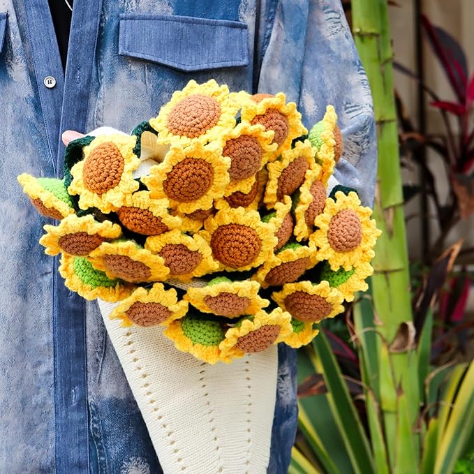cagulax Birthday Gifts for Women Sunflower, Self Care Birthday Gifts for Best Friend, Mom, Sister, Wife, Grandma, Teacher, Cozy Throw & Decor Sunflower Crochet Flowers Bouquet Blanket 31 Inches