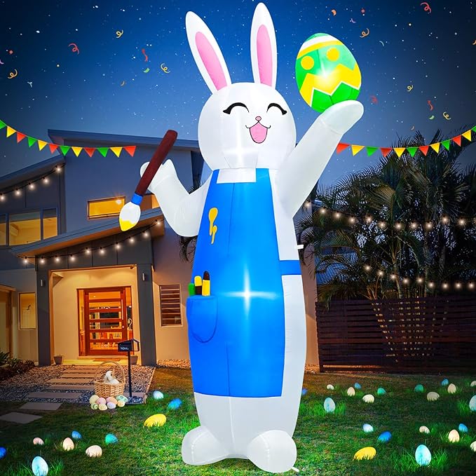 MICOCAH 8FT Easter Inflatables Outdoor Decorations Blow Up Bunny Painting Eggs Built-in LED Lights, Happy Easter Decorations Inflatable Bunny for Indoor Yard Garden Lawn Holiday Party Decor