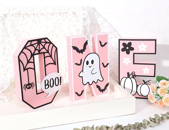 Halloween Wooden ONE Sign - Pink Halloween Boo Wooden Centerpiece Table Decoration, Halloween Decorations Indoor ONE Letter, Baby Girl Birthday Supplies.