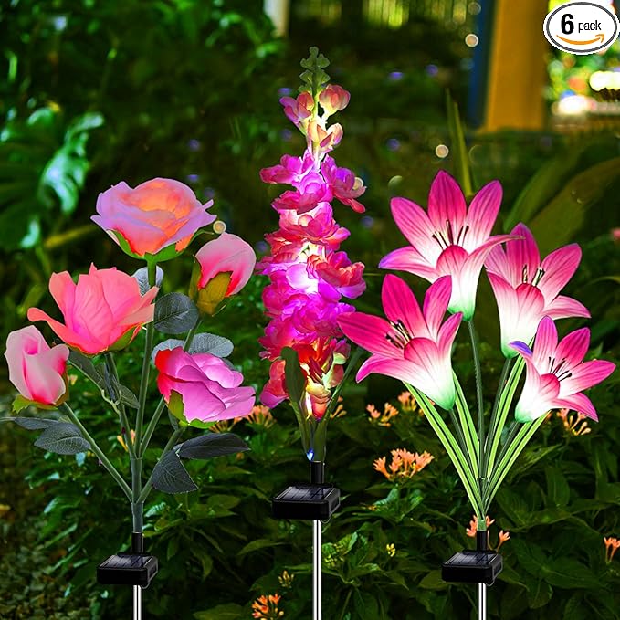 Solar Garden Lights, 6 Pack Solar Flowers Lights with Lily Rose Delphinium, Waterproof Gardening Gifts for Mom Grandma Women,Multi-Color Changing Outdoor Light for Garden Yard Patio Lawn