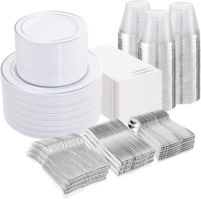 NOCCUR 700PCS Silver Plastic Plates Disposable for 100 Guests - Include 100 Dinner/Dessert White Plastic Plates with Silver Trim,300 Cutlery,100 Cups,100 Napkins for Party&Wedding