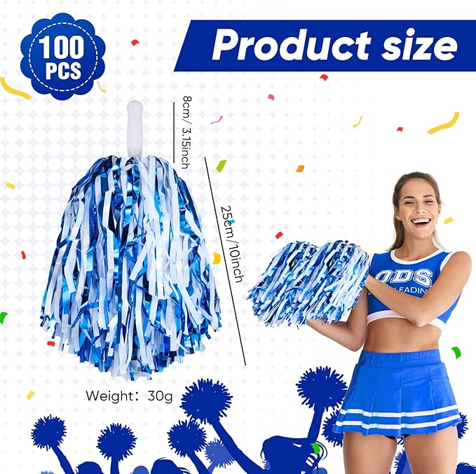 Hanaive 100Pcs Metallic Cheerleading Pom Poms with Baton Handle Cheerleader Pompom Foil 30g Cheering Squad Hand Flowers for Adults Team Spirit Sports Party Cheering