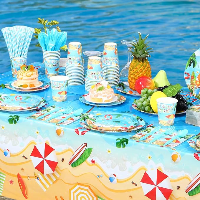 452 Pcs Hello Summer Party Decorations Beach Party Supplies for 50, Summer Beach Paper Plates Napkins Cups Tablecloth Cutlery Straws for Hawaiian Tropical Pool Birthday Decorations
