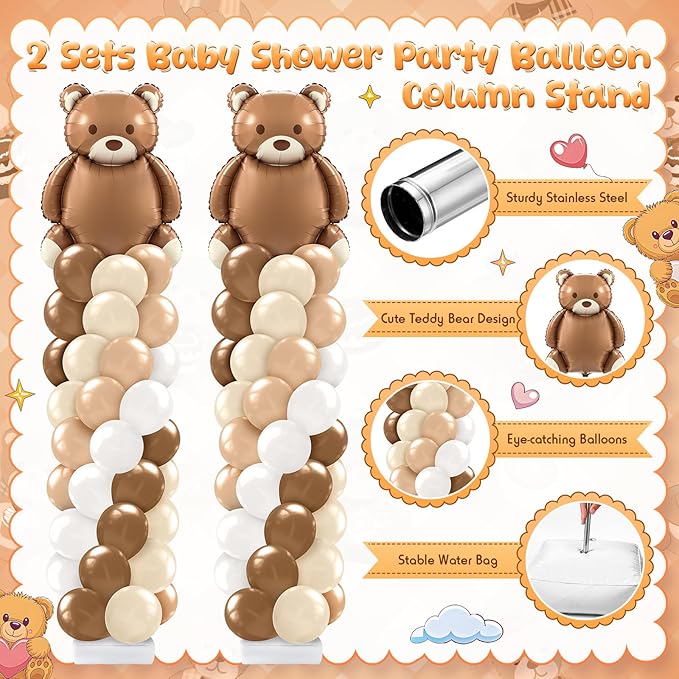 Kasyat 2 Set Neutral Balloon Column Stand Kit Bear Balloon Arch Kit, Bear Baby Shower Decorations with Brown Beige Nude Tan Balloons for Baby Shower Decorations Gender Reveal Birthday Party Decoration