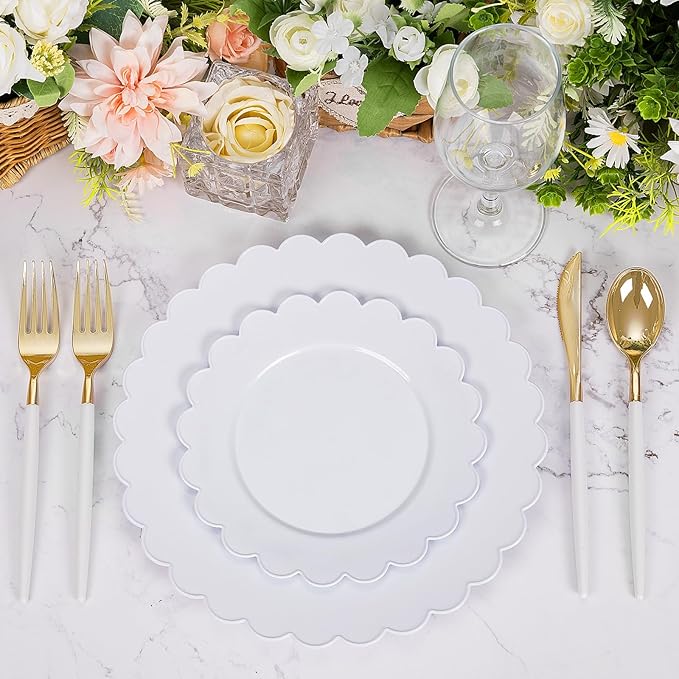 supernal 100pcs White Plastic Plates Disposable for Wedding,Plastic Plates For Party Includes 50pcs Dinner and Dessert Plate.Scalloped Plastic Platefor Valentine's Day Mother's Day and Easter