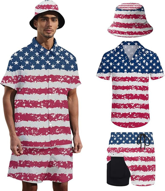 Men's Hawaiian Shirt and Shorts Set 2 Piece Beach Outfits with Bucket Hats for Beach Days and Summer Vibes