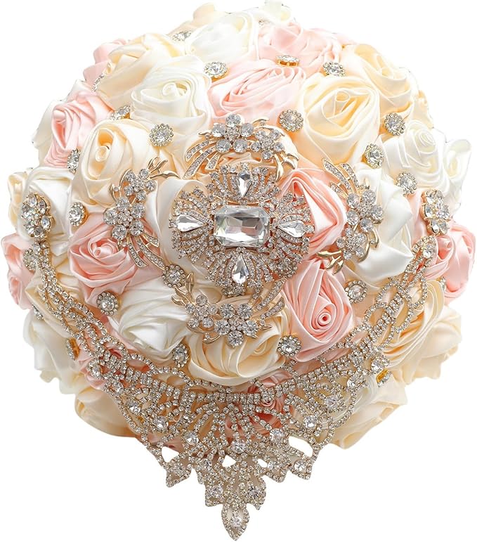 Bridal Wedding Bouquet Handmade with Luxury Gold Rhinestone Brooch Satin Rose Flower Bouquet for Bride Bridesmaid Quinceanera Bouquet Wedding Pale Pink Champagne and Ivory 9.8in