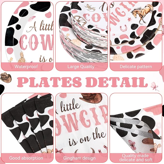 452 Pcs Cowgirl Baby Shower Party Decorations Include a Little Cowgirl Is on the Way Paper Plates Napkins Cups Tablecloth Cutlery Straws for Baby Shower Party Supplies
