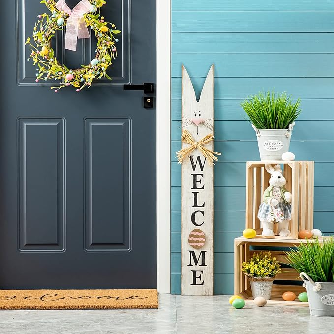 Glitzhome Wooden Easter Porch Décor Hanging Welcome Sign with Bunny Ears for Front Door or Indoor Home Decor,42"H