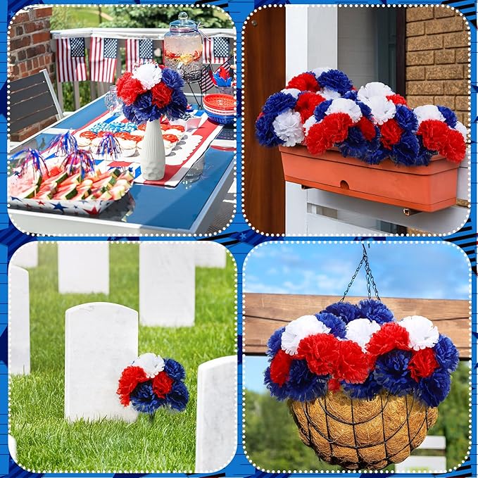 180 Pcs Red Blue White Carnations Artificial Memorial Flowers with 6" Stem Patriotic Fake Silk Carnation Bulk for Cemetery Veterans Day 4th of July Decoration Wreaths DIY Crafts