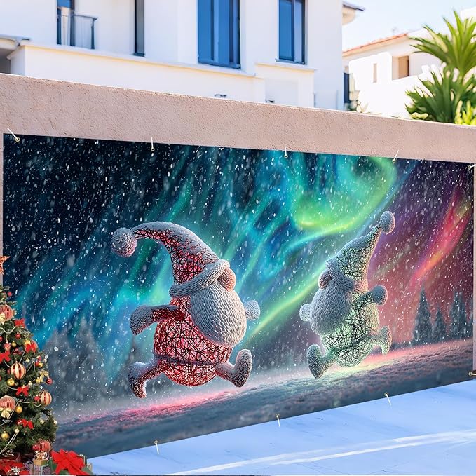 Christmas Garage Door Banner 7x16FT Dancing Gnomes Under Aurora, Holiday Garage Door Cover for Outdoor Decorations & Yard Displays