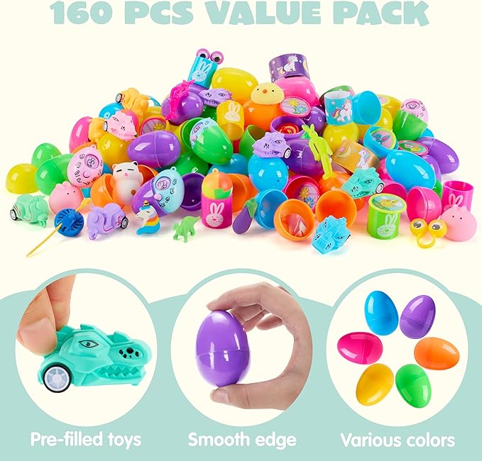 JOYIN 160 PCS Prefilled Easter Eggs with Assorted Toys, Easter Stuffed Eggs for Egg Hunt Supplies, Basket Stuffers Fillers, Classroom Prizes, Party Favors