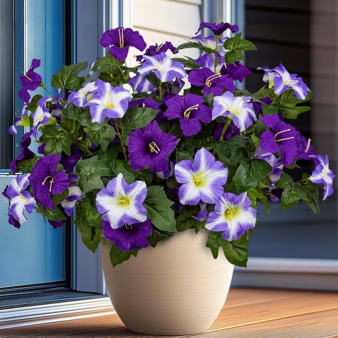 19 Inch Artificial Fake Flowers for Outdoor,4 Pcs Faux Silk Petunias Spring Flowers for Outside for Indoor Porch Planter Front Door Garden Patio Window Box Home Decor(Double Purple)