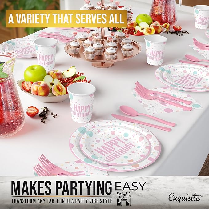 Exquisite 350 Pcs birthday Plastic Plates For Party, birthday Disposable Plates Set, 50 Of Each 9" Dinner Plate Set, 7" Dessert Plate, Cups, Napkins & Cutlery Plastic Dinnerware