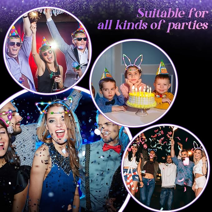 Xinnun 50 Pcs LED Cat Ear Headbands Bulk, Light up Flower Headband Glow Crown Rabbit Ear Head Accessories for Glow in the Dark Party for Valentine's Day Easter Mardi Gras Carnival Bachelorette