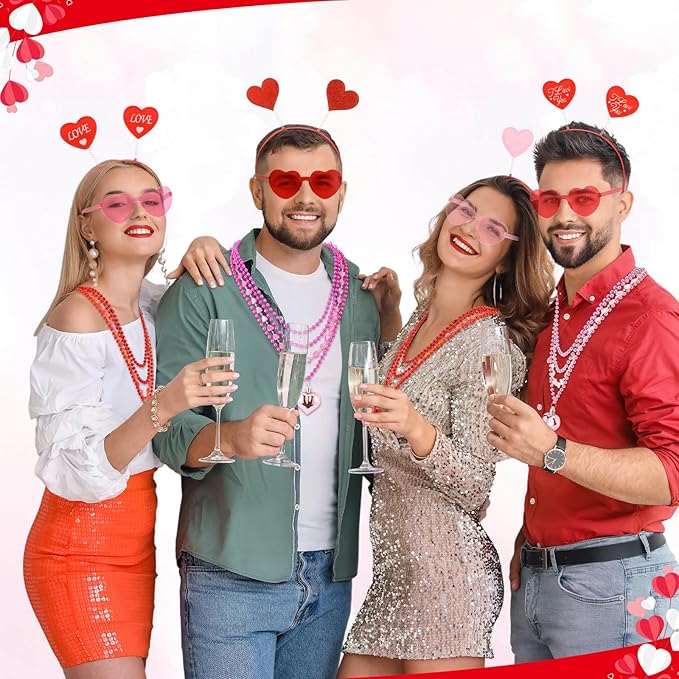 Kanayu 108 Pcs Valentines Day Accessories 36 Valentines Heart Headbands 36 Heart Shaped Sunglasses 36 Bead Necklaces for Valentine Party Favors Supplies Bachelorette Decorations(Red Pink)