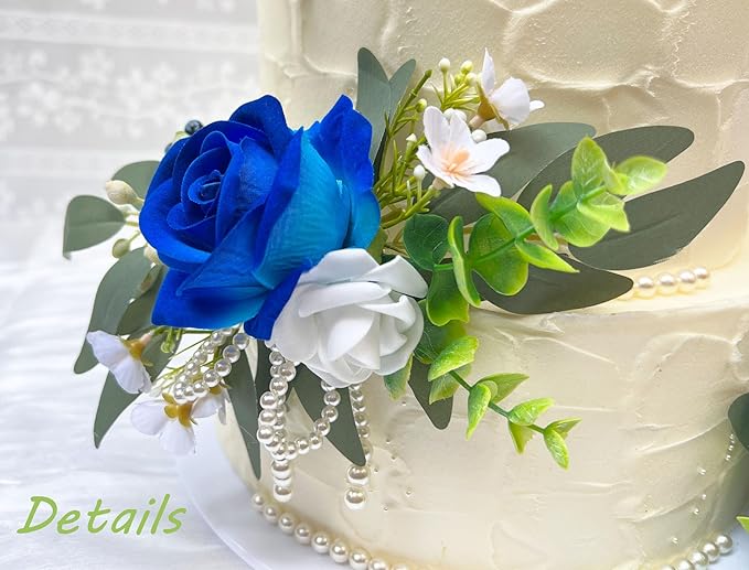 CherishedMoments 3Pcs Cake Topper Set, Wedding Artificial Flowers Decor Navy Blue Cake Topper Decorations for Wedding Ceremony Anniversary, Wedding Home Decor,Seaside Wedding