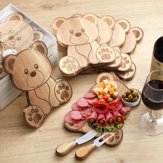 6 Set Baby Shower Prizes Bear Shaped Cheese Board with Cheese Knives and Forks Baby Shower Party Favors Gift Box for Wedding Bridal Birthday Gender Reveal Favor (Acacia Color)