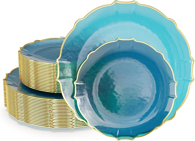 Exquisite Tinted Plates 80-Piece Plastic Disposable Party Set for 40 Guests - 40 X 7.5 Dessert Plates & 40 X 10 Thin Delicate Fancy Dinnerware with Peacock Gold Rim