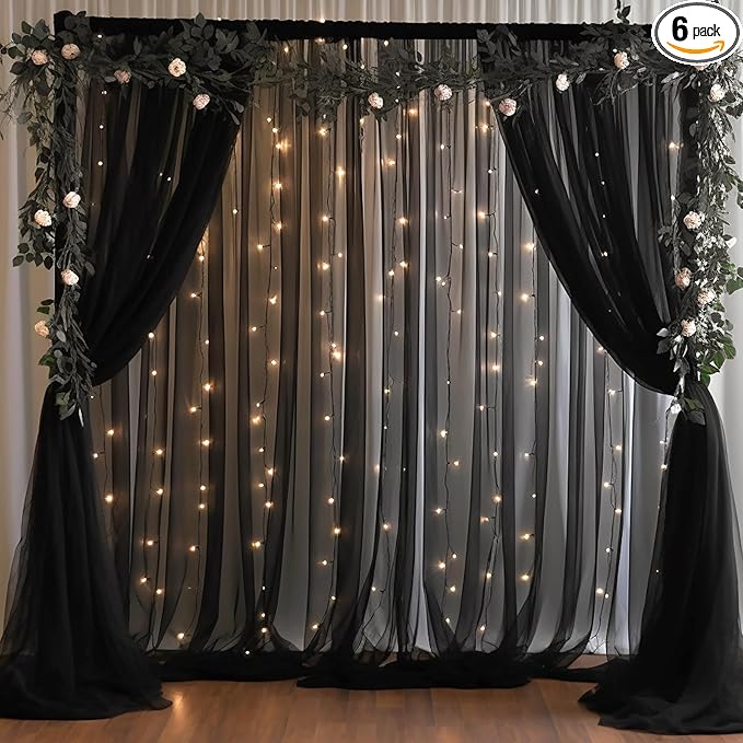 20x10ft Black Tulle Backdrop Curtain with Lights String for Parites, Sheer Photo Backdrop Curtains with Lights for Wedding Backdrop Ceremony Reception Bridal Shower Baby Shower Birthday Party