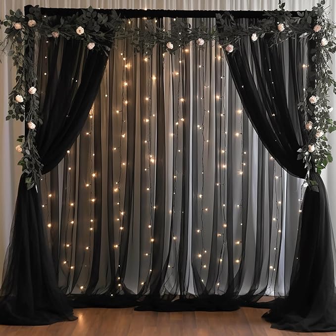 30x10ft Black Tulle Backdrop Curtain with Lights String for Parites, Sheer Photo Backdrop Curtains with Lights for Wedding Backdrop Ceremony Reception Bridal Shower Baby Shower Birthday Party
