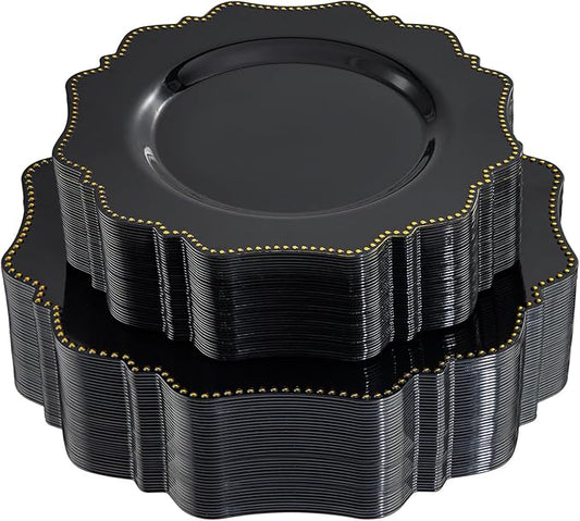 COLOSUS Black Plastic Plates Set,Heavy Duty Black Disposable Plates for 50 guests,Include 50PCS 10.5inch Dinner Plate and 50PCS 8.25 inch Dessert Plate for Halloween Party/Wedding/New Year/Birthday