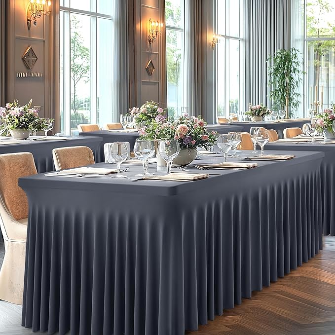 2 Packs Grey Table Clothes for 6 Foot Rectangle Tables, One-Piece Wrinkle Resistant Stretch Spandex Table Covers with Skirt for Event Banquet Wedding Birthday Party