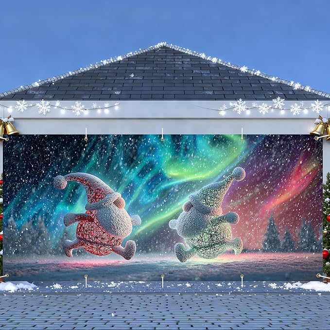 Christmas Garage Door Banner 7x16FT Dancing Gnomes Under Aurora, Holiday Garage Door Cover for Outdoor Decorations & Yard Displays