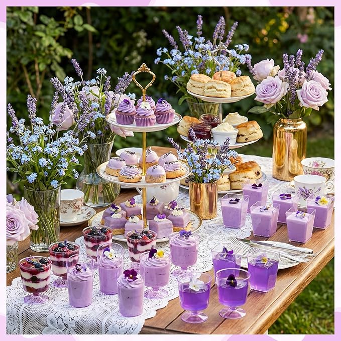 300 Pack Clear Purple Mini Dessert Cups with Spoons 5oz 3oz Plastic Square Slanted Parfait Appetizer Shooter Round Goblet for Dessert Table Birthday Party Ice Cream Pudding Mousse Yogurt