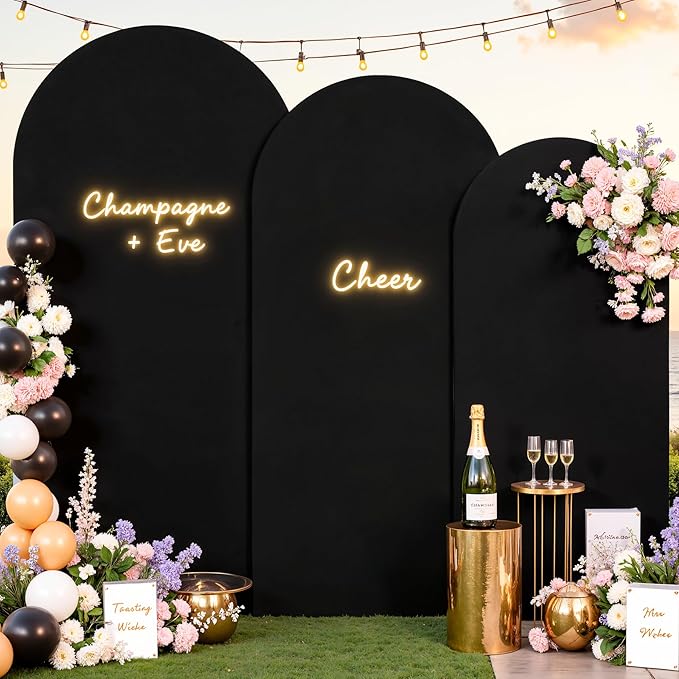 Black Arch Cover 3 Set - 6.6FT, 7.2FT, 8FT Black Arch Backdrop Cover Spandex Wedding Arch Stand Covers for Birthday Party Baby Shower Bridal Shower Wedding Banquet Photo Background Decorations