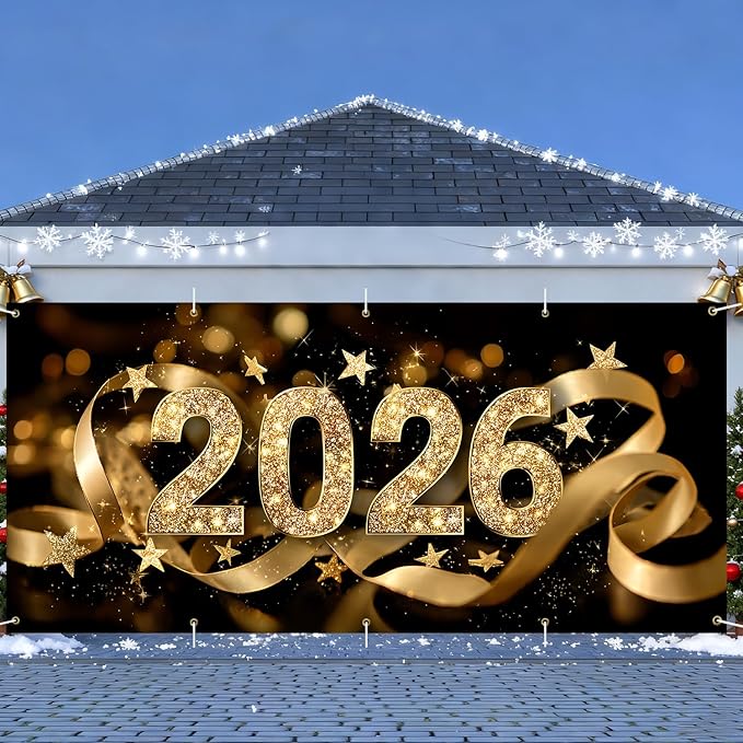 2026 New Year Garage Door Banner 7x16FT, Gold Glitter 2026 Garage Door Cover, Large Outdoor Happy New Year Decoration Backdrop for Garage Doors, Fence, Yard Party