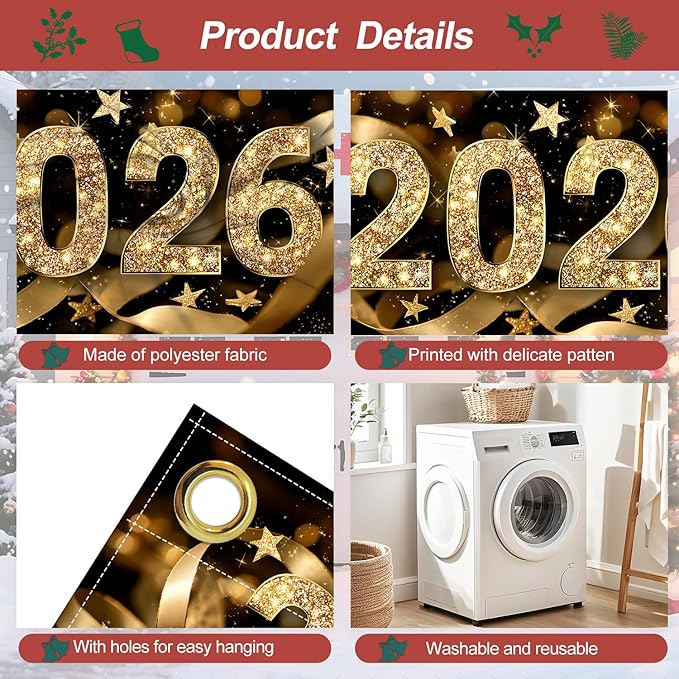 2026 New Year Garage Door Banner 7x16FT, Gold Glitter 2026 Garage Door Cover, Large Outdoor Happy New Year Decoration Backdrop for Garage Doors, Fence, Yard Party