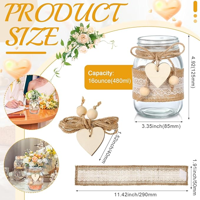 Mumufy 12 Sets Mason Jar Table Centerpiece with Lace Sleeves and Heart Shaped Hemp Rope Rustic Mason Jar Vases Reception Engagement Party Bridal Shower Centerpieces Wedding Table Decorations