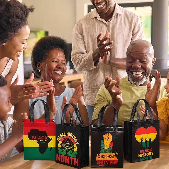 Wesnoy 48 Pcs Black History Month Gift Bags: Reusable Non-Woven Goodie Bags Bulk with Handles - 9.84 x 7.87 Inch Treat Totes for Black History Celebration African BHM MLK Party Decor Supplies