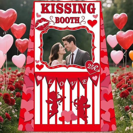Valentine’s Day Photo Booth Prop, 48 x 63 inch Valentines Kissing Booth Cardboard Cutout Life-Size Standup, Love Photography Backdrop Decoration for Couple Anniversary Wedding Party Favor